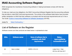 Screenshot of IRAS Accounting Software Register on Xero